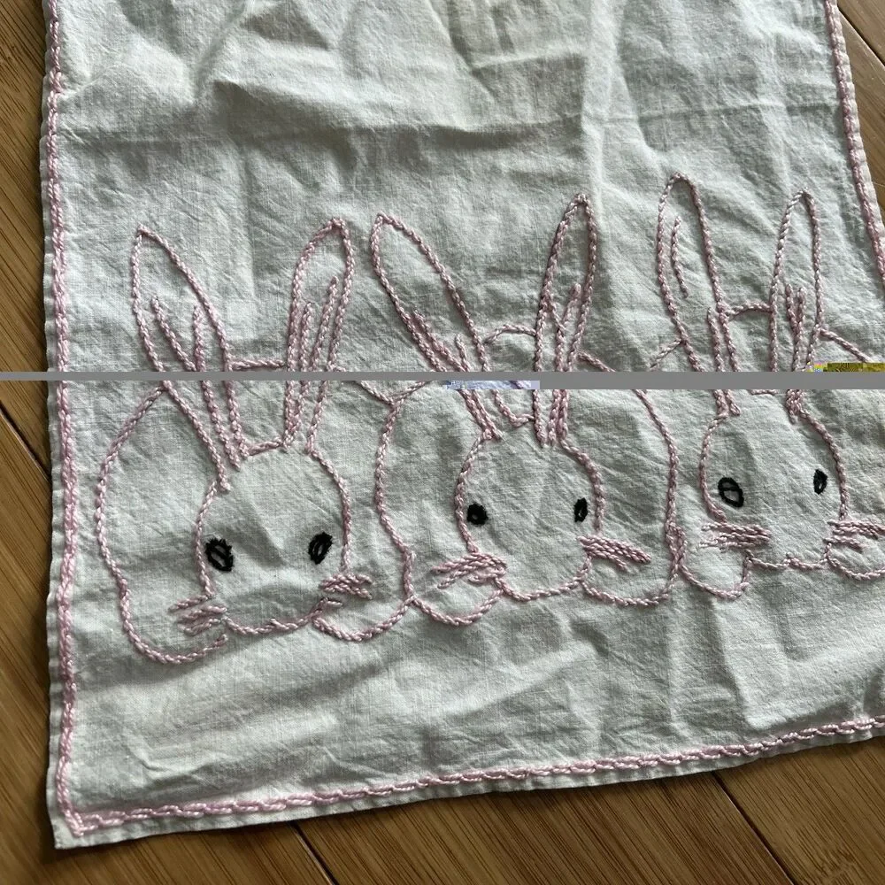 Vintage Handmade Bunny Rabbit Embroidered Baby Bib White Pink